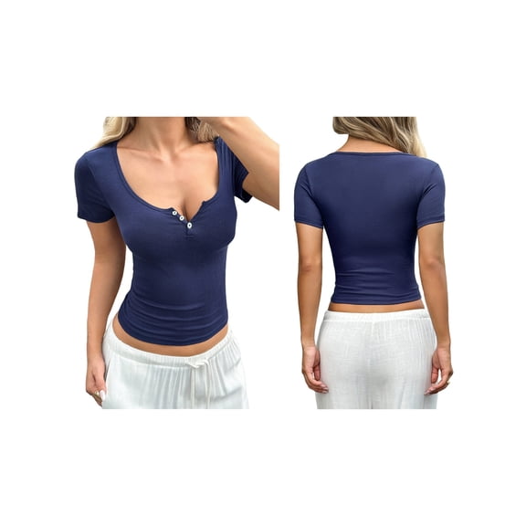 Women'S Summer Short Sleeve Tops Ribbed Henley Button Slim Fit Basic Casual T Shirts Navy Blue S