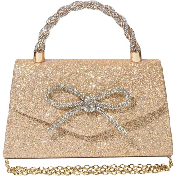 Women Evening Bag Sparkly Bow Clutch Purses, Wedding Glitter Rhinestone Clutch Bags, Dressy Handbags for Party and Prom, Black-gold-