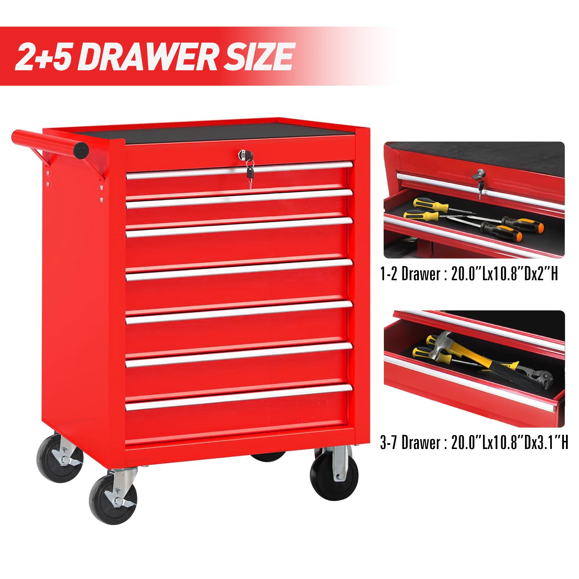 Seizeen Rolling Tool Chest on Wheels, Metal Tool Cart Toolbox Storage Cabinet Organizer W/ 7 Drawers, Red