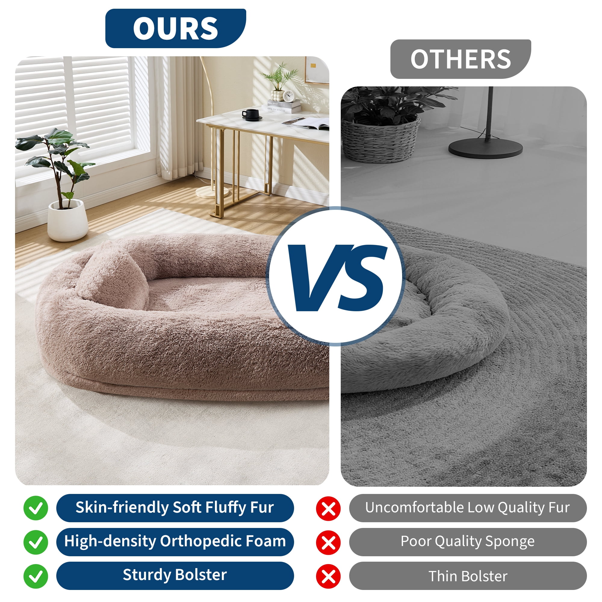 Orthopedic Soft Faux Fur Human Dog Bed for Adults and Pets, Large 67"x43"x8" Lounger Bed with Plump Pillow, Side Pocket and Fix Strap, Washable Design No Assembly Required, Cozy Bed for Bedroom