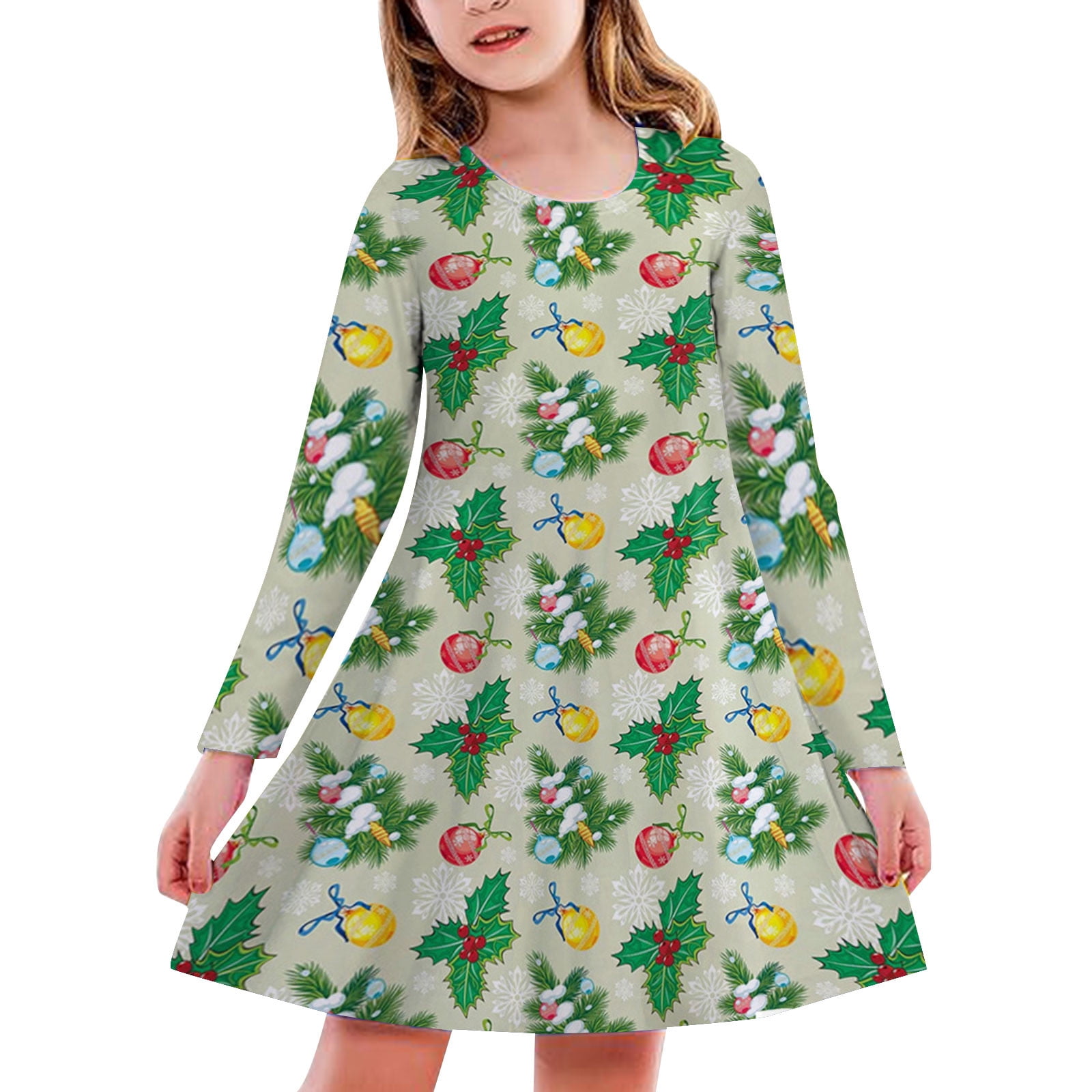 Robe De Noël Fille Enfants - Imprimé Sapins Et Cerfs Manches Longues - Pour Fête, Princesse, Ballet - 6