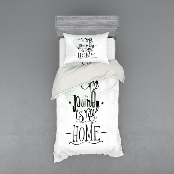 Saying Duvet Cover Set, Grunge the Journey is My Home Lettering Hatched Round, Bedding Set with Shams and Fitted Sheet, 3 Sizes, by Ambesonne