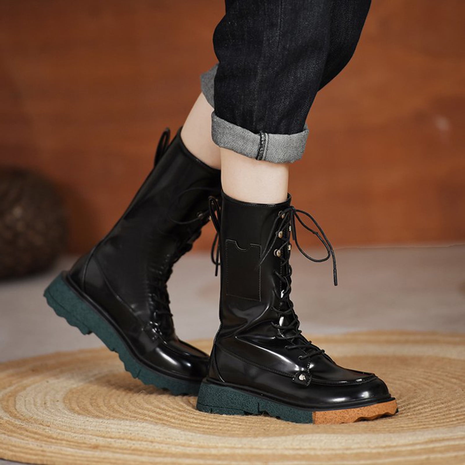 Women Lace-Up Flat Shoes Keep Warm Middle Tube Snow Boots Suede Round 