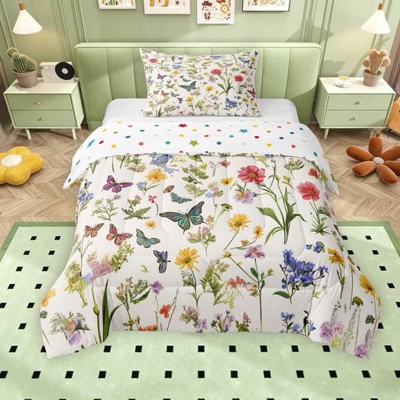 Erosebridal Colorful Flowers Twin Comforter Sets for Girls, Chic Butterfly Bedding Set, Polka Dots Reversible, 2pcs