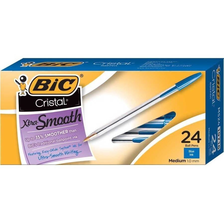 BIC Cristal Xtra Smooth Ball Pen, Medium Point, 1.0 mm, Blue, 24 Count