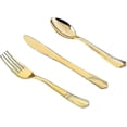 thumbnail image 1 of Juego de cubiertos desechables de plástico dorado 150, 50 tenedores, 50 cuchillos, 50 cucharas, juego de utensilios desechables dorados, cubiertos de plástico resistente para, 1 of 5