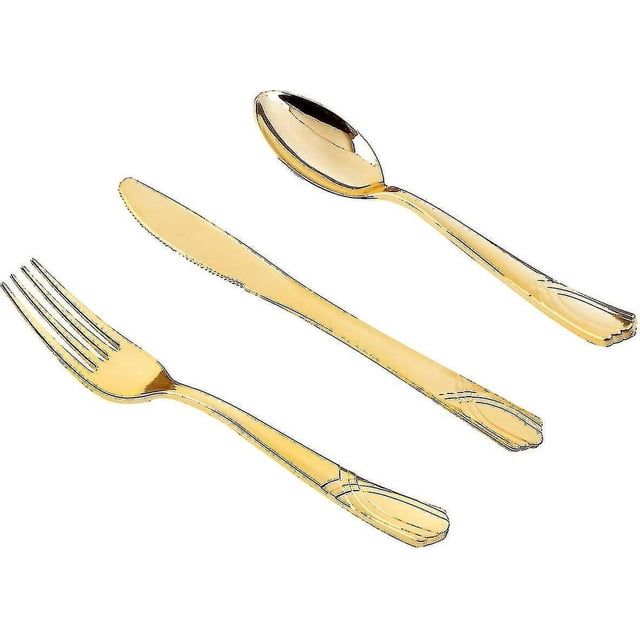 Juego de cubiertos desechables de plástico dorado 150, 50 tenedores, 50 cuchillos, 50 cucharas, juego de utensilios desechables dorados, cubiertos de plástico resistente para