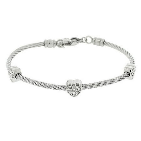 EDFORCE Stainless Steel Silver-Tone Twisted Cable Rope CZ Love Heart Adjustable Bangle Bracelet