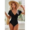 thumbnail image 6 of Alove One Piece Swimsuits for Women Trumpet Sleeve V Neck Ruched Monokini Bathing Suits, 6 of 7