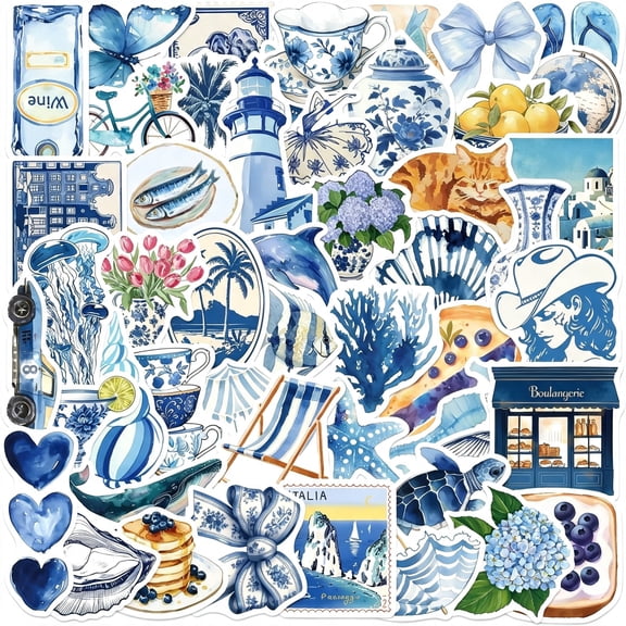 CCOCC 50Pcs Blue Aesthetic Stickers Pack,Vintage Fantasy Decals for Laptop,Luggage,Scrapbook,Journal Skateboard,Water Bottle,Waterproof Graffiti Stickers