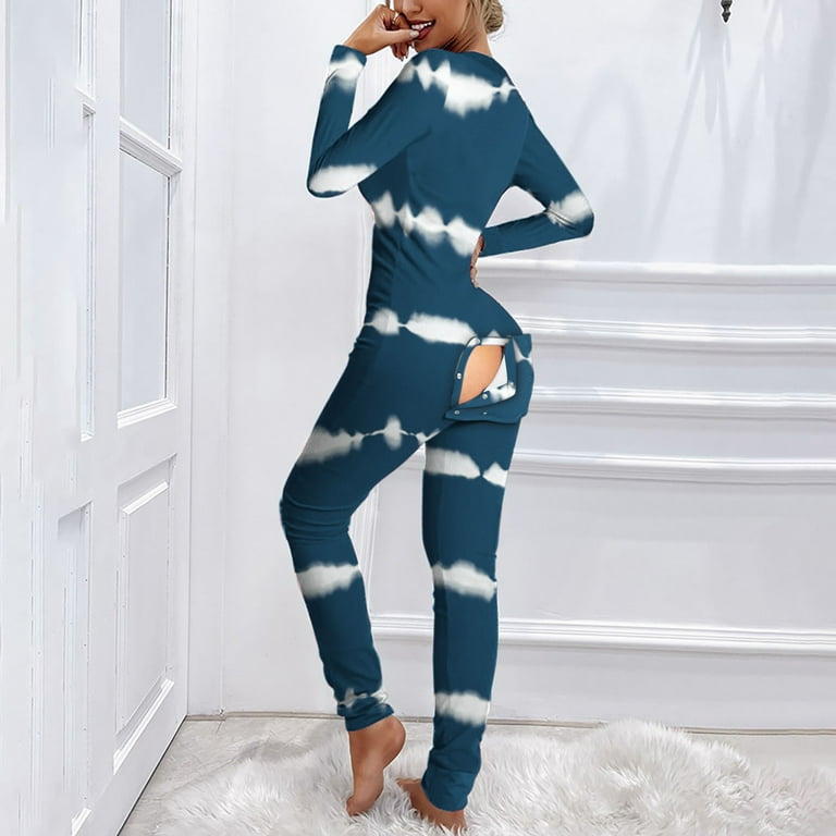 Deals Women s Striped Onesie Pajamas Jumpsuit Long Sleeve V Neck Butt Flap Button Down Front One Piece Sleepwear Romper Bodysuit Blue 2XL Walmart