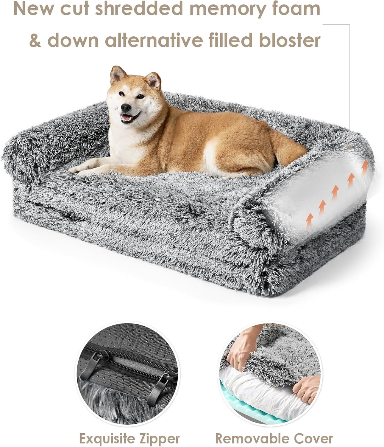 Foldable XXL Dog Bed for Large Sized Dog, 54"x38"x7.5" Faux Fur Fluffy Pet Couch Bed, Orthopedic Calming Memory Foam Big Pet Bed, Washable Pet Sofa Bed with Non-Slip Bottom, Faded Black