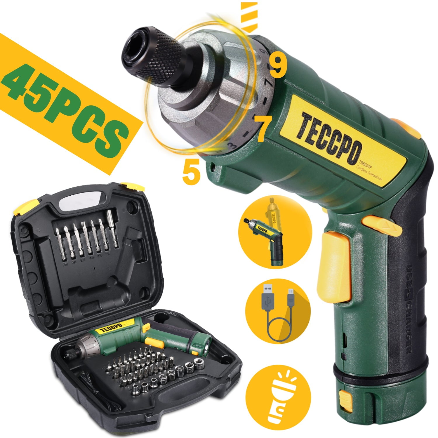 TECCPO Electric Screwdriver 45Pcs 6Nm TECCPO Cordless Screwdriver 2000mAh Li ion 9 1 Torque Gears Self lock Chuck 2 LED Lights Adjustable 2 Position TDSC01P Walmart