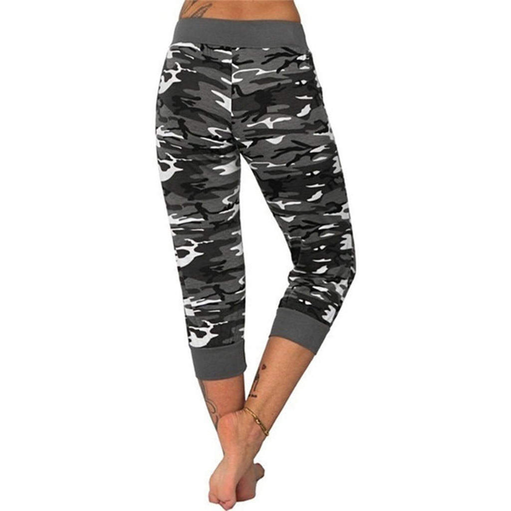 JWZUY Womens Camo Capris Workout Yoga Pants High Waisted Capri Leggings  Drawstring Sweatpants Fitness Athletic Joggers 1-Gray XXL 