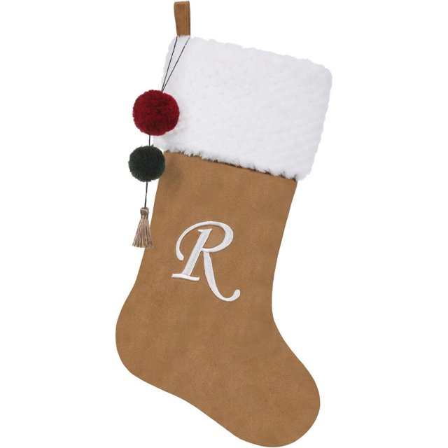 Pxniy 19.5 inches Personalized Velvet Christmas Stocking,Initials Embroidered Letter Christmas Stocking with pom poms, for Fireplace Hanging Decor and Xmas Gift(Gold R)