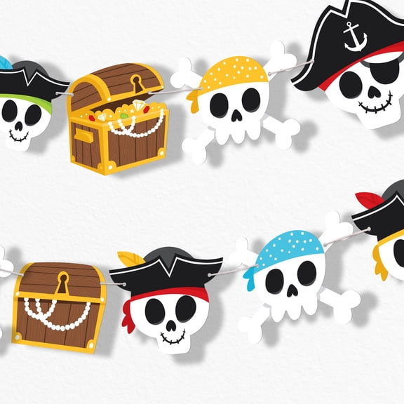 Big Dot of Happiness Pirate Ship Adventures Garland Banner Kids Birthday Party Decorations Backdrop 30 Feet of Cord 15 Double Sided Paper Skulls and Treasure Chest Shapes