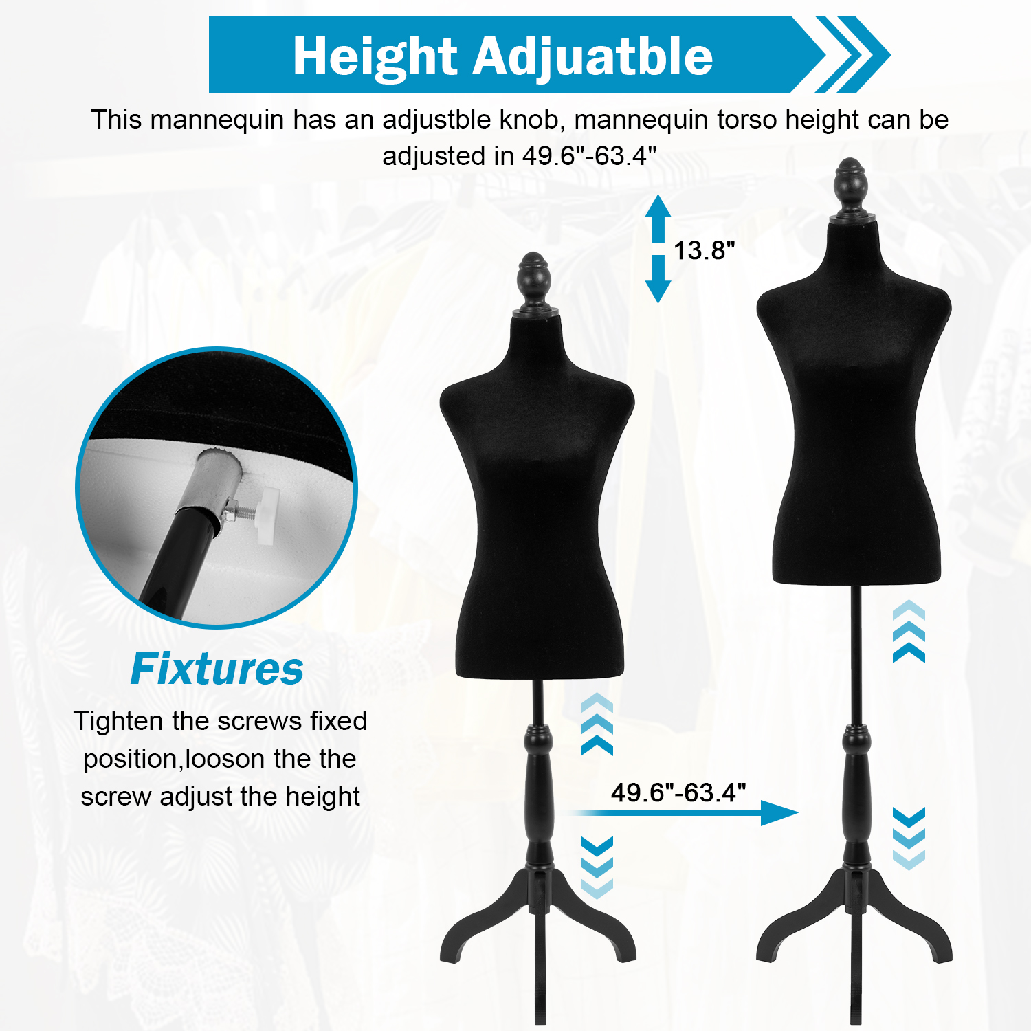 49"-63" Height Dress Form Mannequin Adjustable Female Mannequin Torso Sewing Mannequin Female Dress Model Torso Body Tripod Stand Clothing Forms, Black