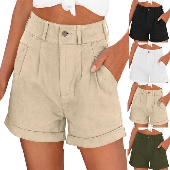 Nestiefly Womens Bermuda Summer Shorts 2026 Casual High Waisted Pleated Beach Vacation Denim Shorts with Pockets Beige M