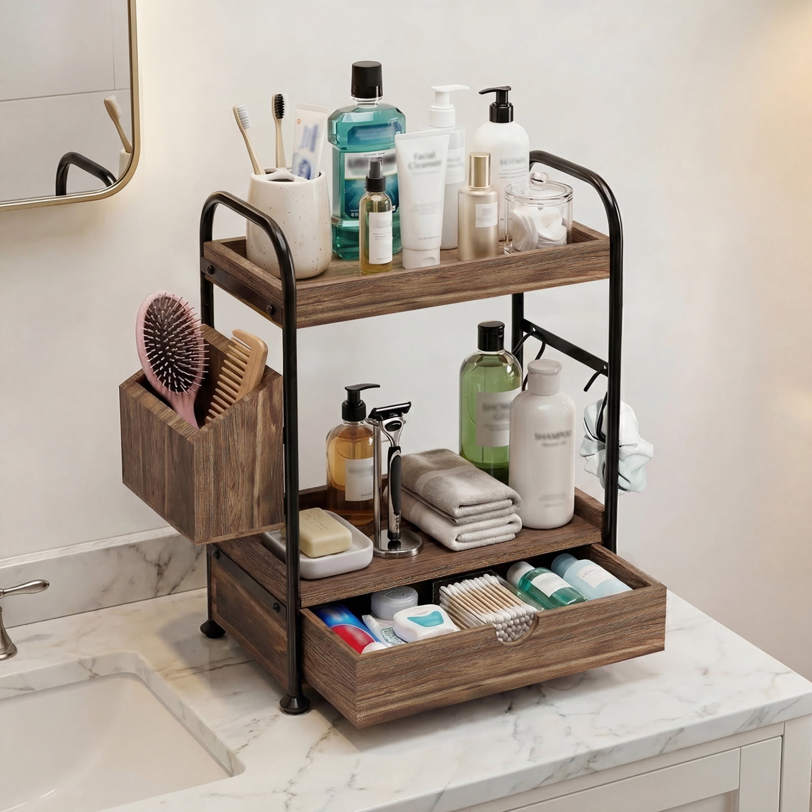 2 Tier Bathroom Counter Organizer with Drawer, Wooden Vanity Skincare Storage Shelf with Thickened Iron Frame, Countertop Shelves with Basket and Hooks for Bathroom Makeup Organization (Dark Brown)