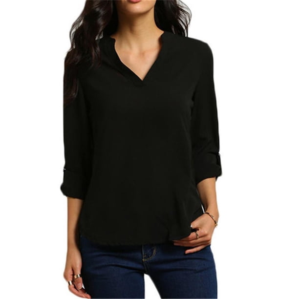 Las mujeres de gasa Tops cuello en V 3/4 manga de moda de gran tamaño sólido blusa más el tamañopangjing