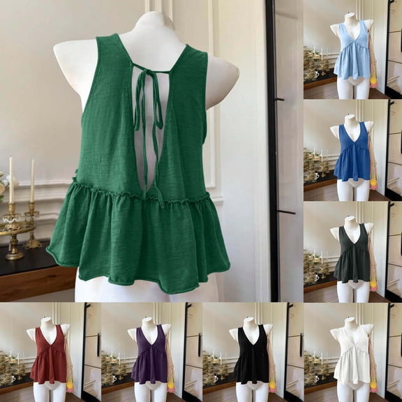 SwiftWear Women's Deep V Neck Flowy Tank Top Back Tie Open Back Sleeveless Casual Summer Cute Top for Beach Vacation Daily Wear