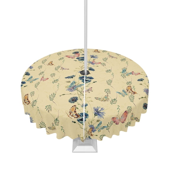Fsddascl Spring Floral Outdoor Tablecloth - 60 Inch Round Dining Table Cover, Teal Summer Flowers Butterfly Yellow Waterproof Outdoor Table Cloth with Umbrella Hole & Zipper for Picnic/Patio/Party