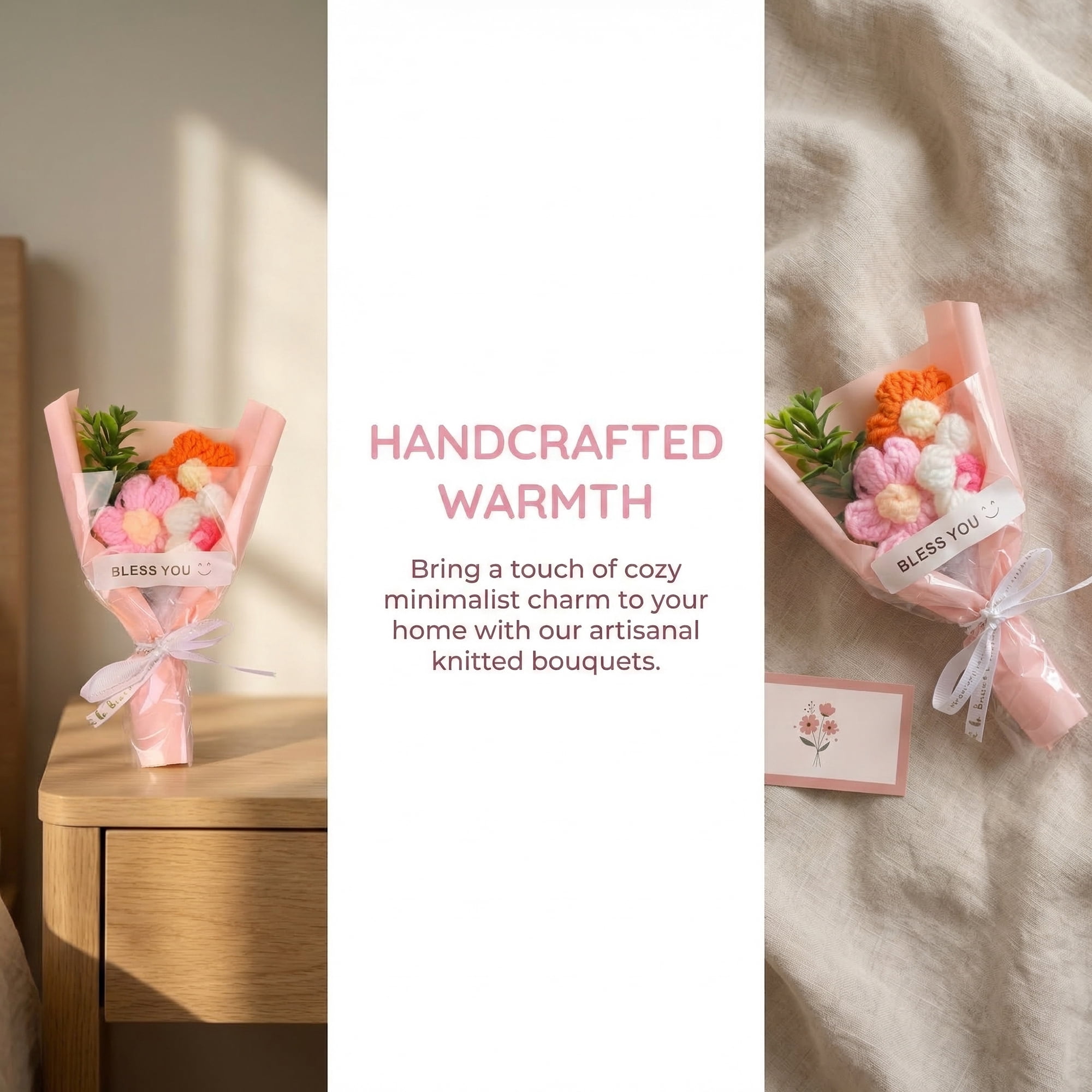 Unique Bargains 4Pcs Handmade Crochet Potted Flowers Knitted Bouquet Pink Red 5.9in