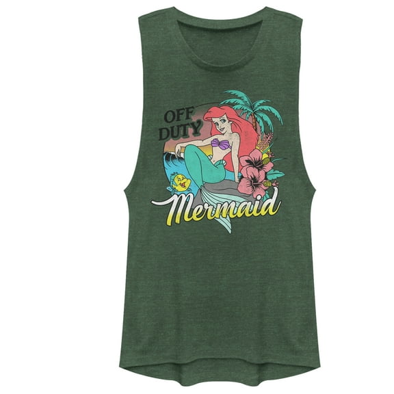 Junior's The Little Mermaid Off Duty Ariel  Festival Muscle Graphic Tee Pine Green Heather X Large