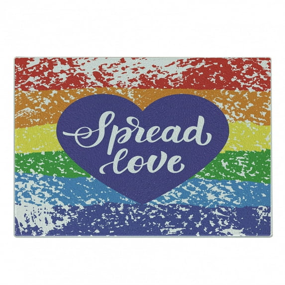 Pride Cutting Board, Spread Love Inspirational Hand Writing Heart Gay LGBT Parade Slogan Grungy Vibrant, Decorative Tempered Glass Cutting and Serving Board, Small Size, Multicolor, by Ambesonne