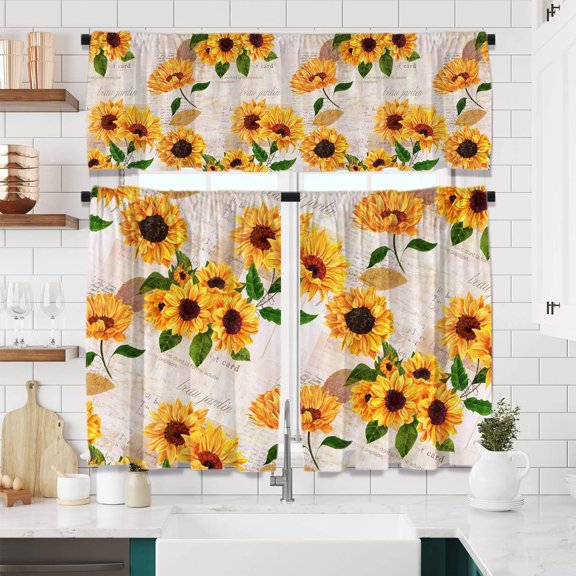 Wooden Sunflower Window Curtains Set with Valance 3pcs Farmhouse Sunflower Kitchen Curtains Sets Vintage Floral Curtain Drape Short for Bathroom and Bedroom Living Room Window