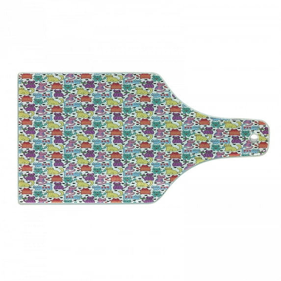 Cat Cutting Board, Cartoon Style Lively Colored Friendly Cheerful Characters with Hearts Happiness Love, Tempered Glass Cutting and Serving Board, Wine Bottle Shape, Multicolor, by Ambesonne