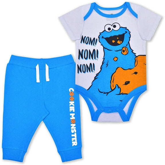 Sesame Street Boys Cookie Monster Bodysuit and Jogger Set for Newborn and Infant – Blue/White