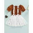 thumbnail image 4 of Qmyliery Toddler Girl Outfits Set, Ruffle Trim Short Sleeve Plain Off Shoulder Tops + Bowknot Suspender Love-heart Printed Mesh Skirt, 4 of 9