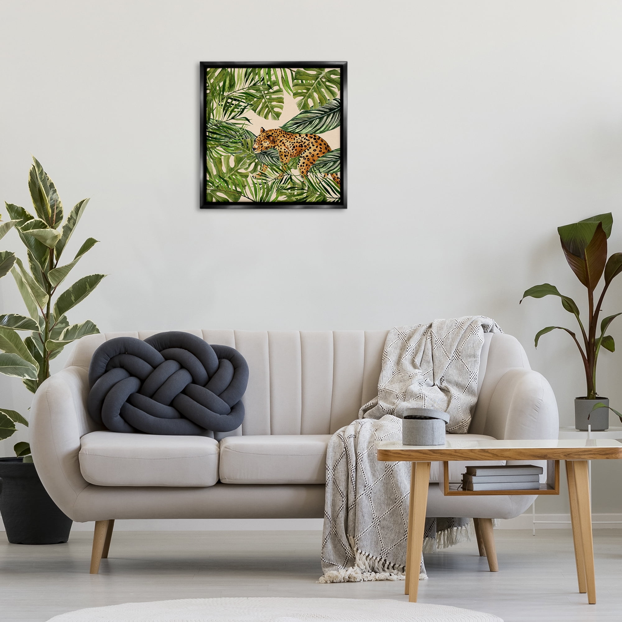 Stupell Industries Botanical Leopard on Branch Plants & Flowers Painting Black Floater Framed Canvas Art Print Wall Art, 25 x 25