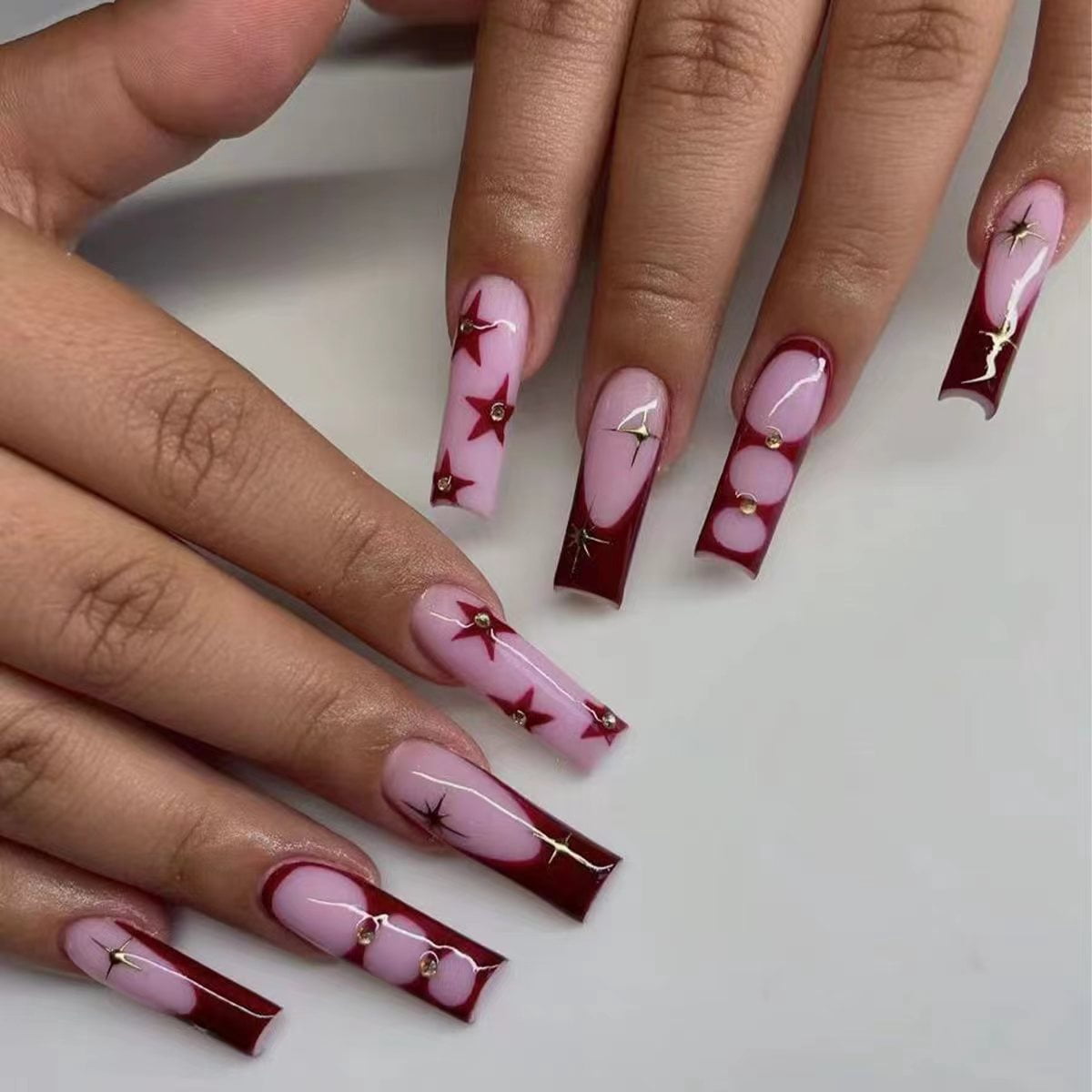 Europe and the United States cross-border wear nail long water pipe powder brown French star star removable nail piece fake nail wholesale