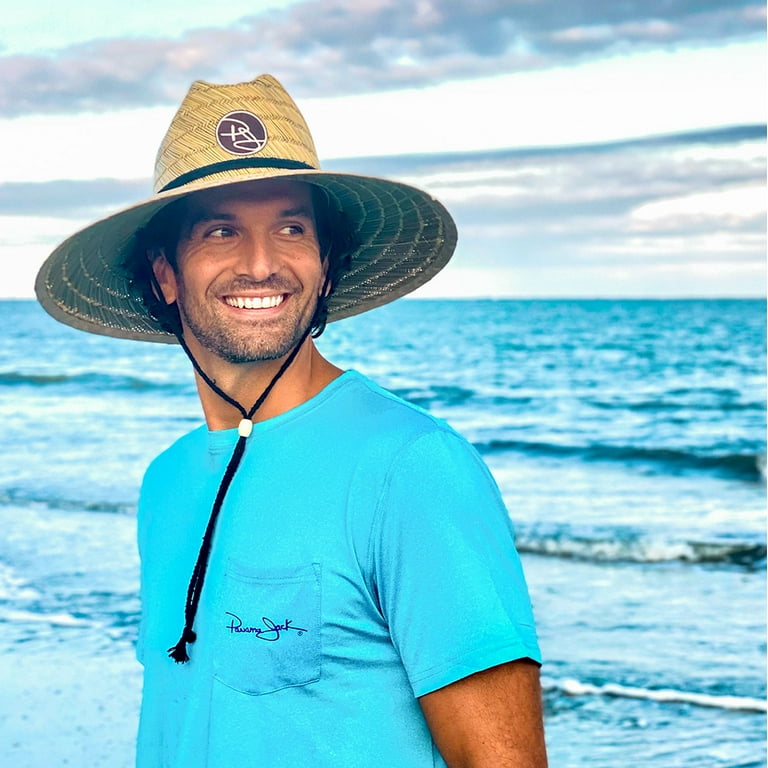 Panama Jack Rush Straw Lifeguard Sun Hat, 4 Bound Big Brim, Chin Cord and  Toggle with Logo Patch (Brown, Large/X-Large) 