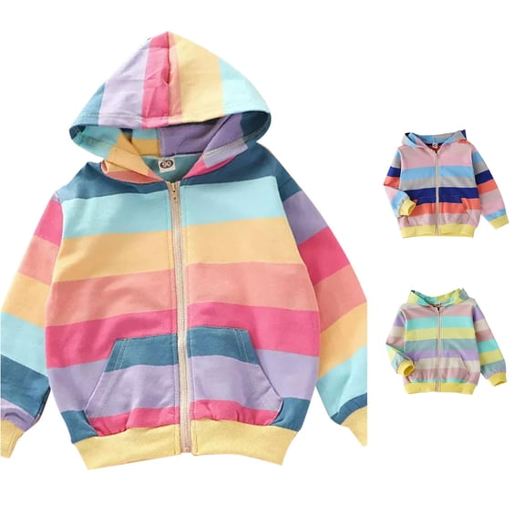Gyujnb Striped Zip up Hoodie, Casual Long Sleeve Pocket Top for Daily Wear (Toddler,Little Girls),4-5 Years