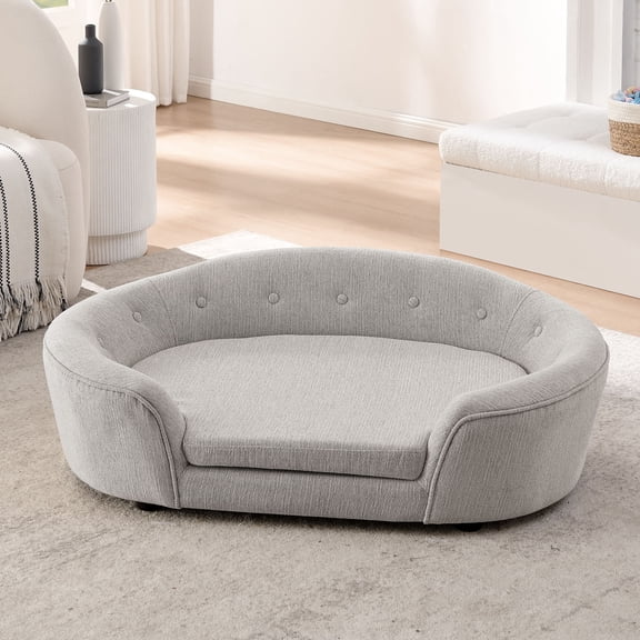 CQSXDA Oversized Oval Dog Sofa Linen with Button-Tufted Backrest for Your Pet's Relaxation, Beige