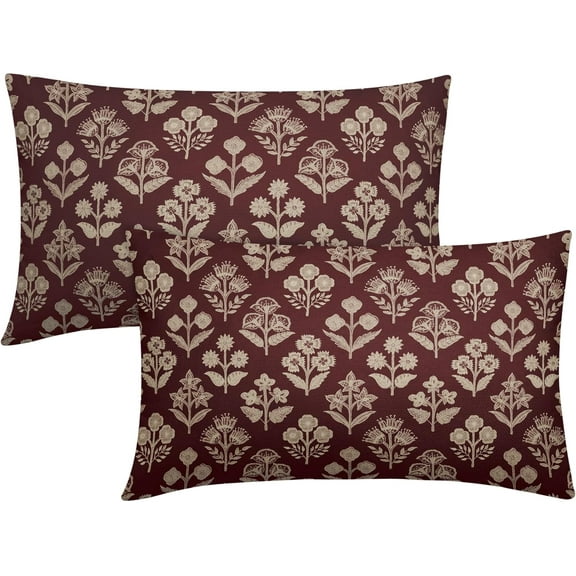 Burgundy Pillow Covers 12x20 Inch Set of 2, Cream Floral Block Print Pattern Lumbar Decorative Throw Pillowcases Outdoor Farmhouse Rectangle Cushion Covers Spring Summer Sofa Couch Bed Decor
