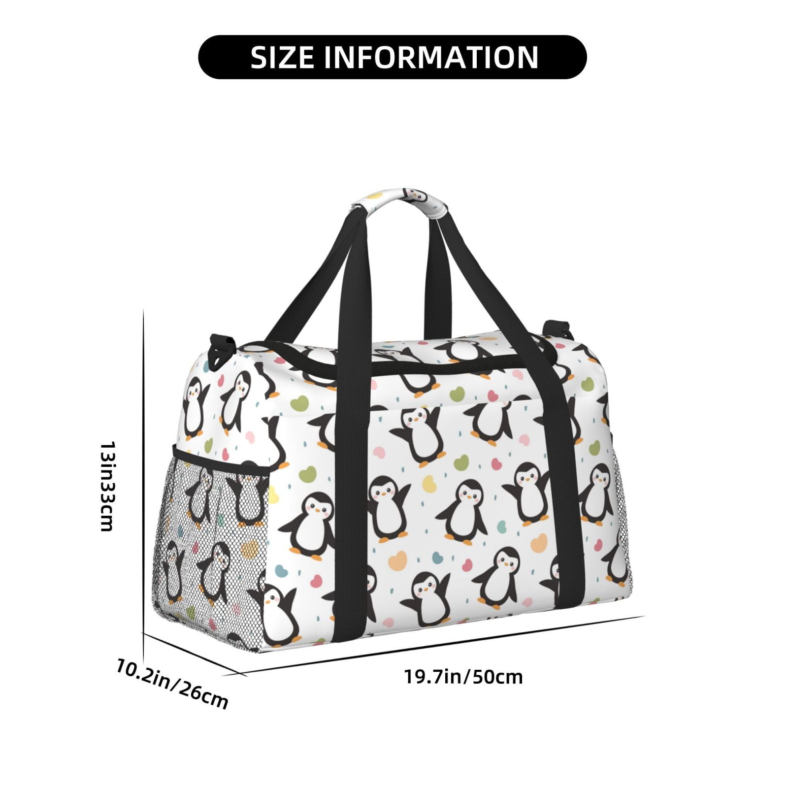 Kdxio Colorful Hearts Penguin Travel Duffel Bag Gym Bag Weekender Travel Bag Gym Bag for Women &Men Airplane Travel Essentials for Flying