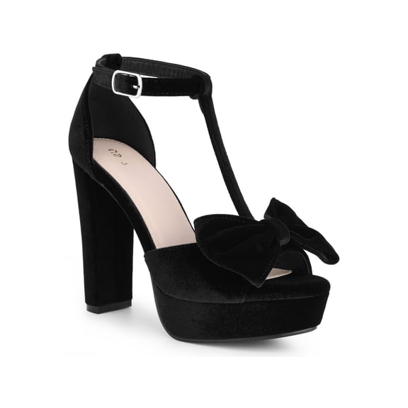 BLISSFUL STEP Bow Knot Heeled Platform Chunky Heel Sandals for Women Black (Size 6)