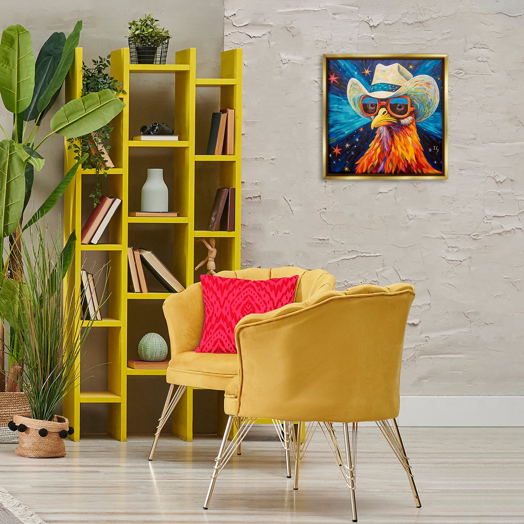 Stupell Industries Cowboy Chicken with Stars Animals & Insects Painting Gold Floater Framed Canvas Art Print Wall Art, 18 x 18