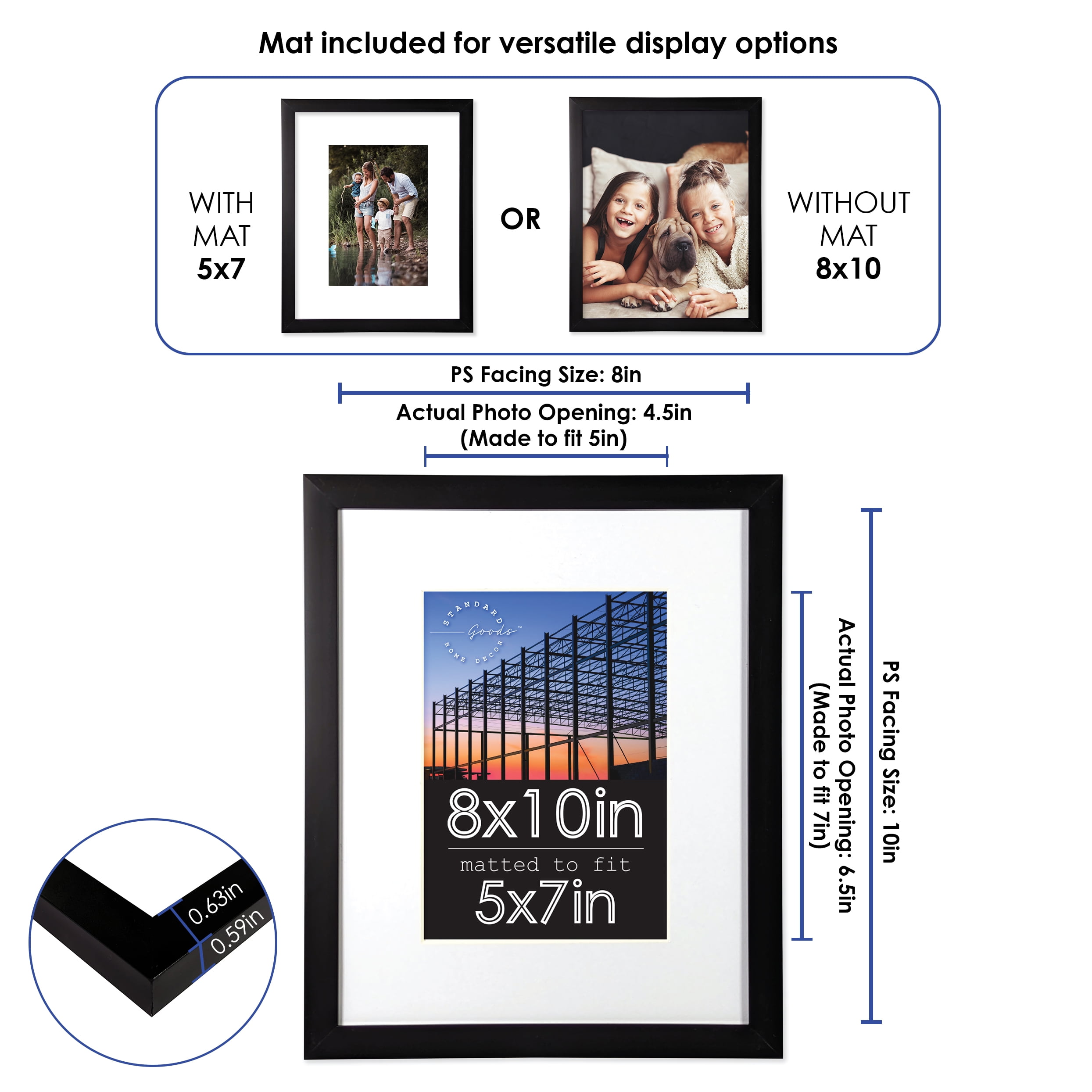 Standard Goods Home Décor 8x10 Matted to 5x7 Black Linear Picture Frame, 5-Pack for Wall or Table Display.