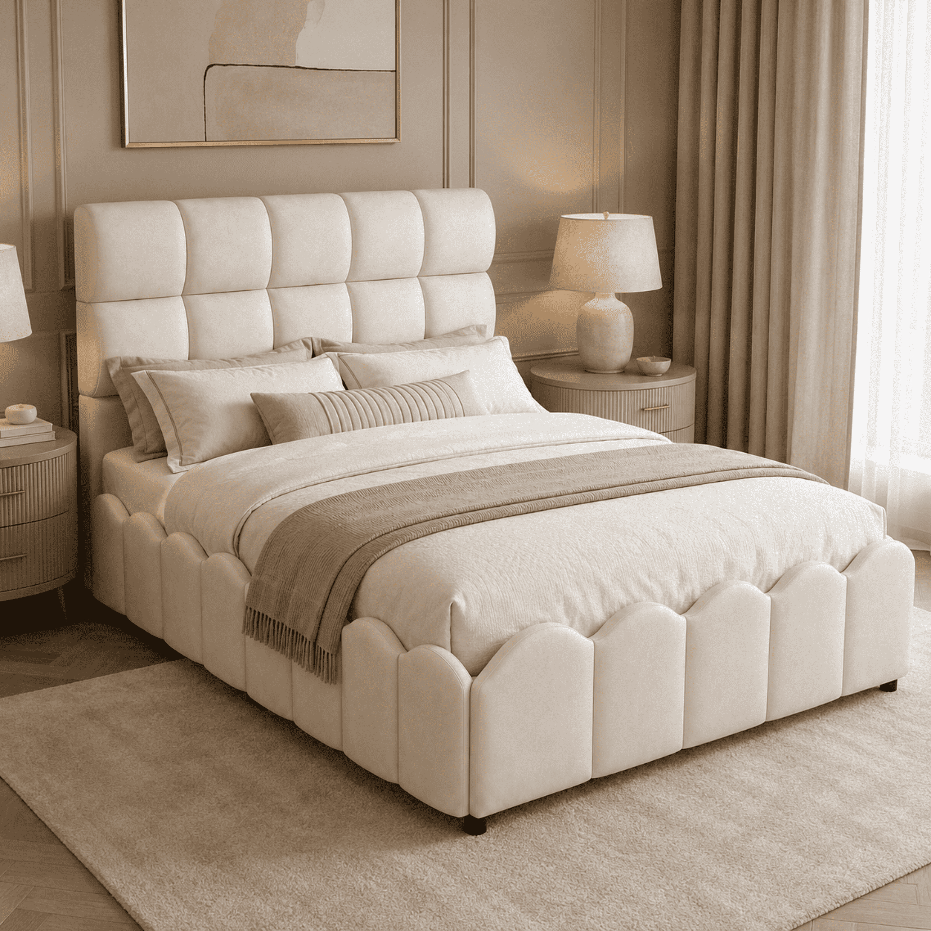 Euroco Upholstery Velvet Full Size Platform Bed with Tall Panel Headboard, No Box Spring Needed, Beige