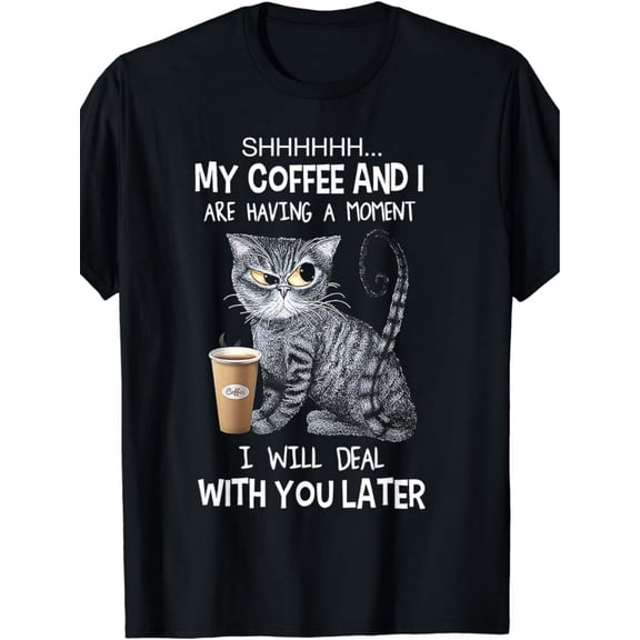 My Coffee And I Are Having a Moment "T-Shirt - Funny Cat And Cup Design, Men'S And Women'S Casual Round Neck T-Shirt, Suitable for Casual Wear All Year Round, Round Neck, Breathable,