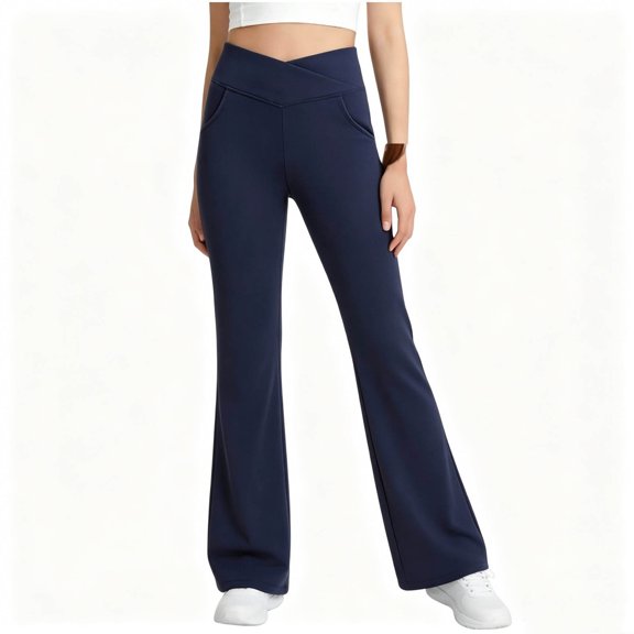 Xdegoge Tween Girls Crossover High Waisted Flare Yoga Pants Bootcut Leggings with Pockets Athletic Stretch Activewear Trousers for Gym Workout Dance