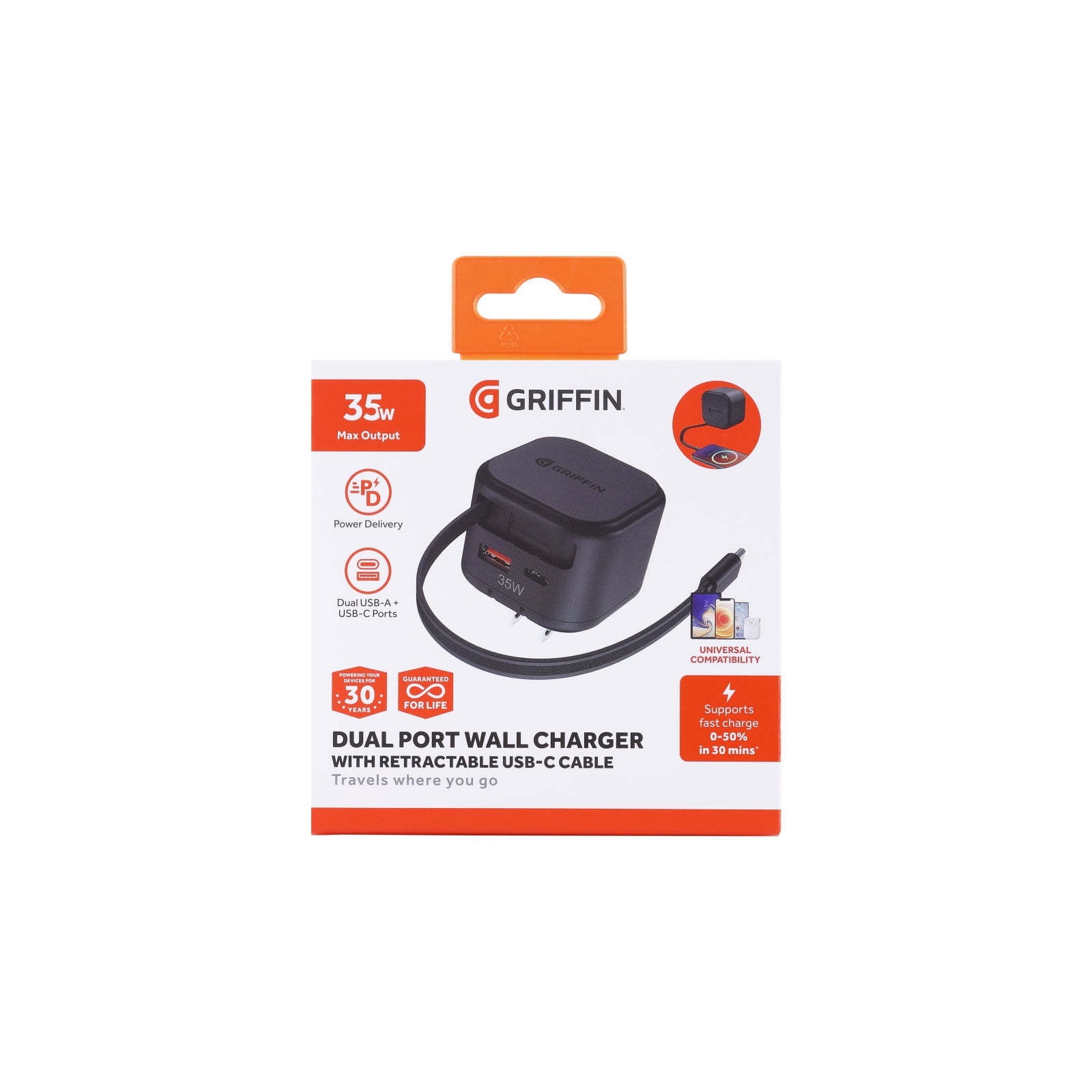 Griffin Dual Port Wall Charger with Retractable USB-C Cable, Power Delivery, Fast Charging (35W Max Output), Dual USB-A & USB-C Ports - Universal Compatibility for Phones and Devices