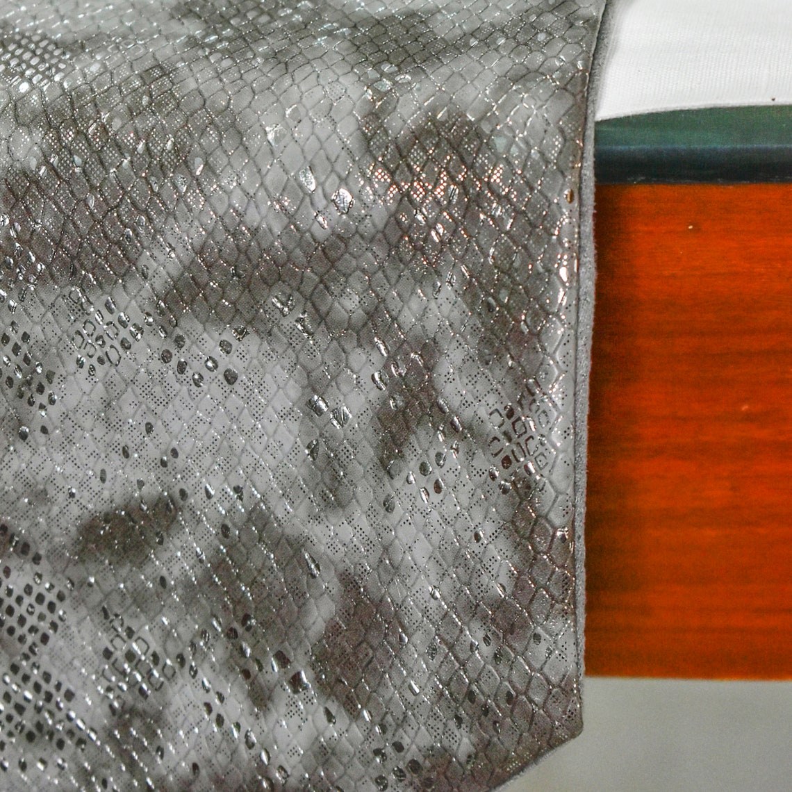 The HomeCentric Decorative Grey & Silver Table Runner Coffee Table Runner (14 x 36 inch), Metallic Leather, Animal Pattern, Tassels, Faux Leather fabric Table Linen, Animal Modern- Charcoal Chrome