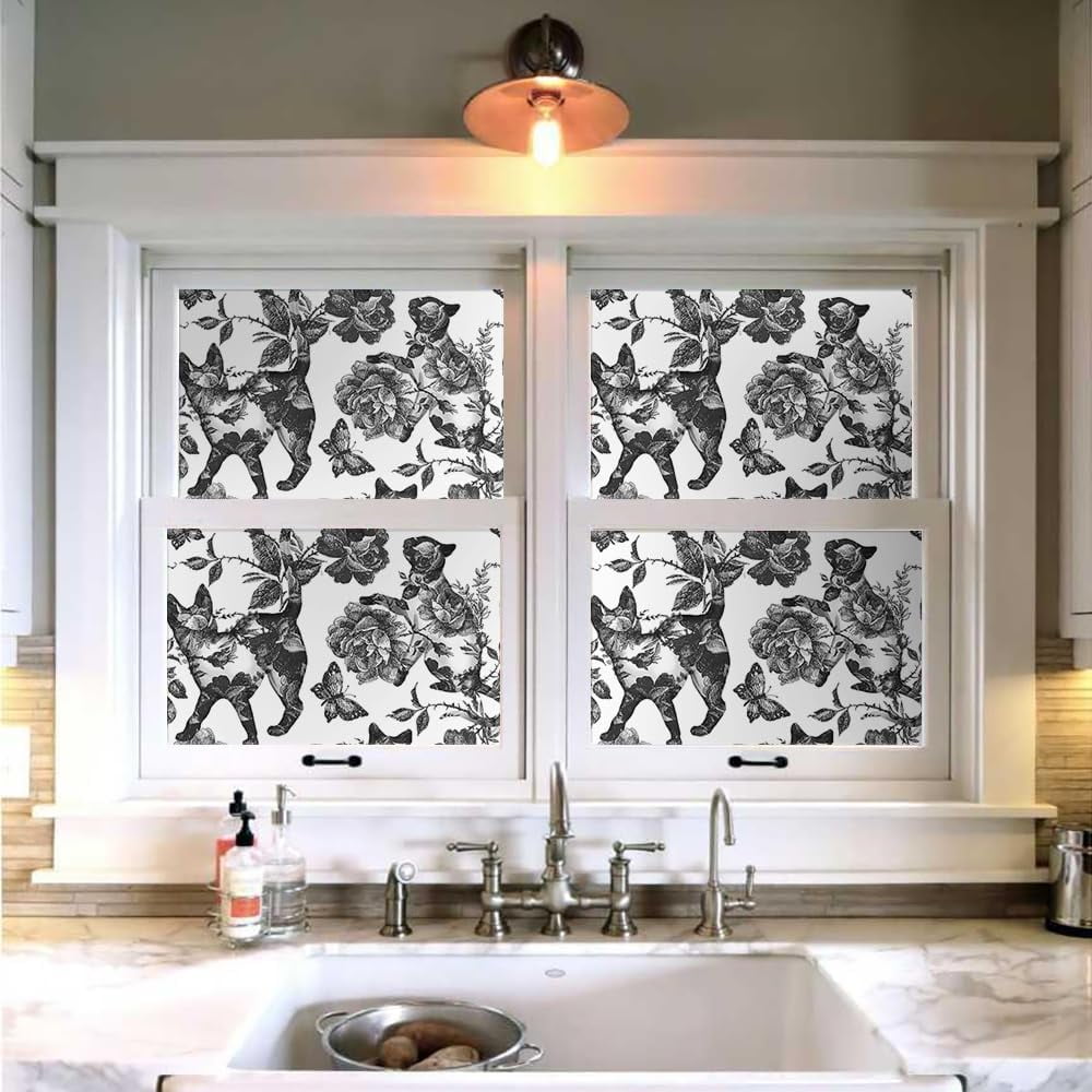 Black White Vintage Floral Cat Animals Butterfly Peel and Stick Wallpaper Self Adhesive Removable Easy Peel Off Contact Paper Stick on Wall Paper for Bedroom Cabinet Renter Friendly