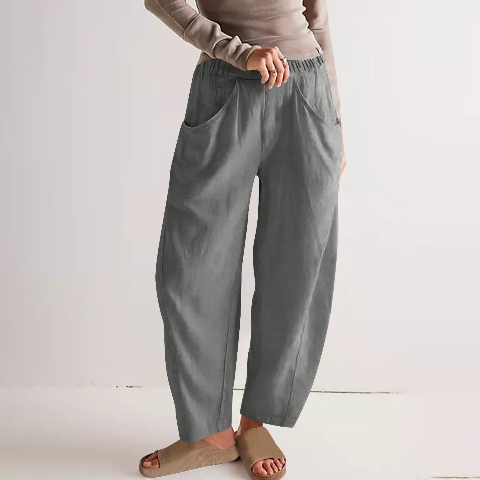 REALiKUN Womens Cotton Linen Pants Trendy Loose Fit High